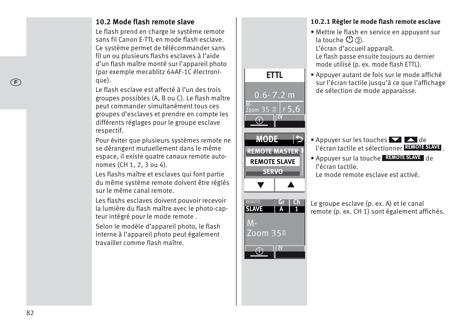 7.2 m, Ettl, Mode o | M- zoom 35 | Metz MECABLITZ 64 AF-1 digital Canon User Manual | Page 82 / 326