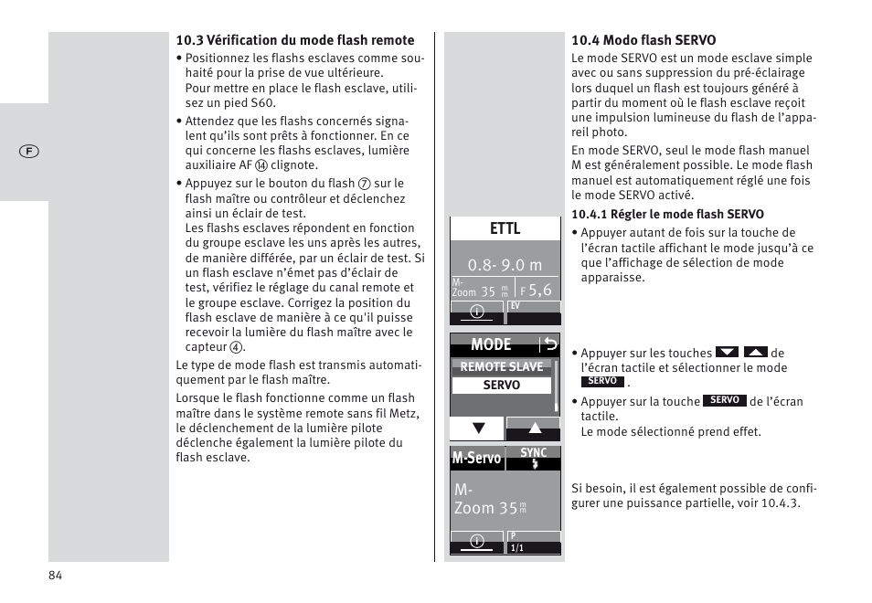 9.0 m, Ettl, Mode o | M- zoom 35 m-servo | Metz MECABLITZ 64 AF-1 digital Canon User Manual | Page 84 / 326