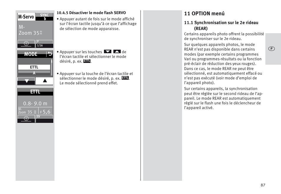 11 option menú, M- zoom 35 m-servo, Mode o | 9.0 m, Ettl | Metz MECABLITZ 64 AF-1 digital Canon User Manual | Page 87 / 326
