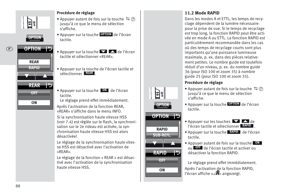 Option o, Rapid o, Rear o | Metz MECABLITZ 64 AF-1 digital Canon User Manual | Page 88 / 326