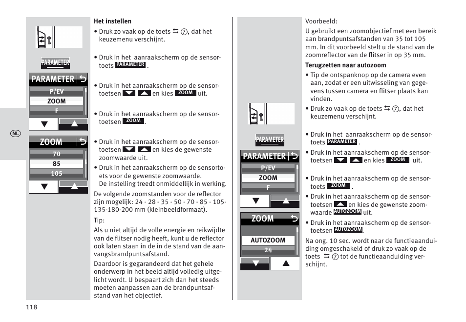 Parameter o, Zoom o, Zoom | Metz MECABLITZ 64 AF-1 digital Olympus User Manual | Page 118 / 302