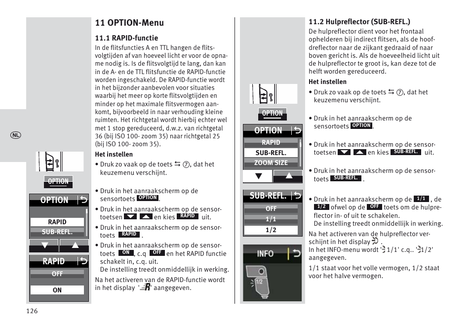 11 option-menu, Option o, Rapid o | Sub-refl. o | Metz MECABLITZ 64 AF-1 digital Olympus User Manual | Page 126 / 302