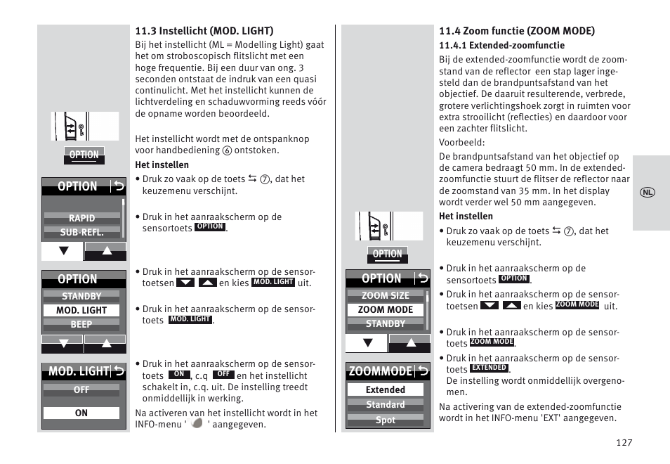 Mod. light o, Option o, Option | Zoommode o | Metz MECABLITZ 64 AF-1 digital Olympus User Manual | Page 127 / 302