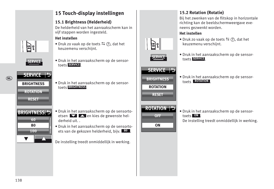 15 touch-display instellingen, Service o, Rotation o | Brightness o | Metz MECABLITZ 64 AF-1 digital Olympus User Manual | Page 138 / 302