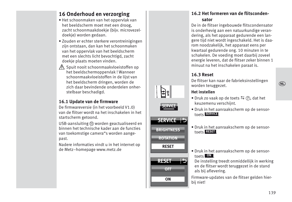 16 onderhoud en verzorging, Service o, Reset o | Metz MECABLITZ 64 AF-1 digital Olympus User Manual | Page 139 / 302