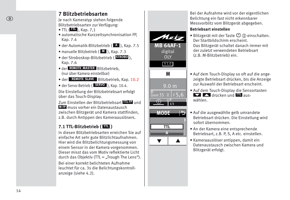 7 blitzbetriebsarten, Mb 64af-1, Mode o | Metz MECABLITZ 64 AF-1 digital Olympus User Manual | Page 14 / 302