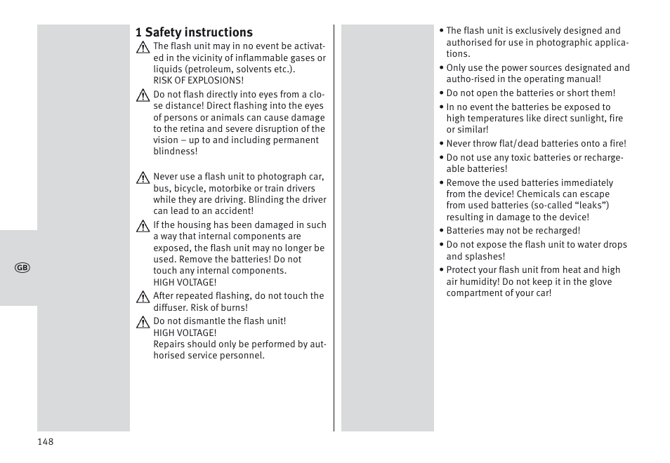 1 safety instructions | Metz MECABLITZ 64 AF-1 digital Olympus User Manual | Page 148 / 302