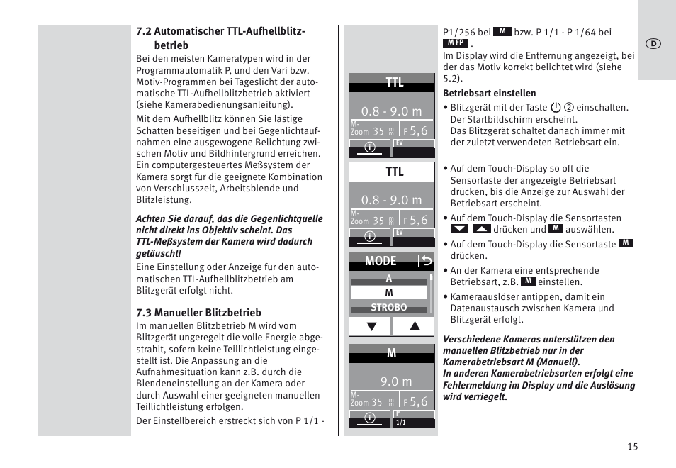 8 - 9.0 m, Mode o | Metz MECABLITZ 64 AF-1 digital Olympus User Manual | Page 15 / 302
