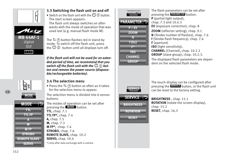 Mb 64af-1, Parameter o, Mode o | Service o | Metz MECABLITZ 64 AF-1 digital Olympus User Manual | Page 152 / 302