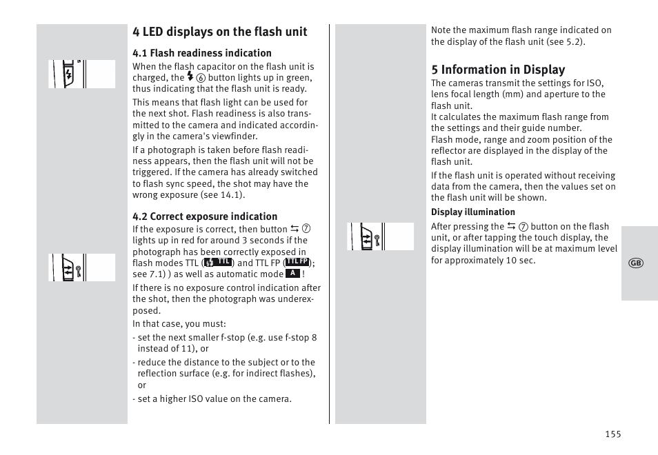 4 led displays on the flash unit, 5 information in display | Metz MECABLITZ 64 AF-1 digital Olympus User Manual | Page 155 / 302