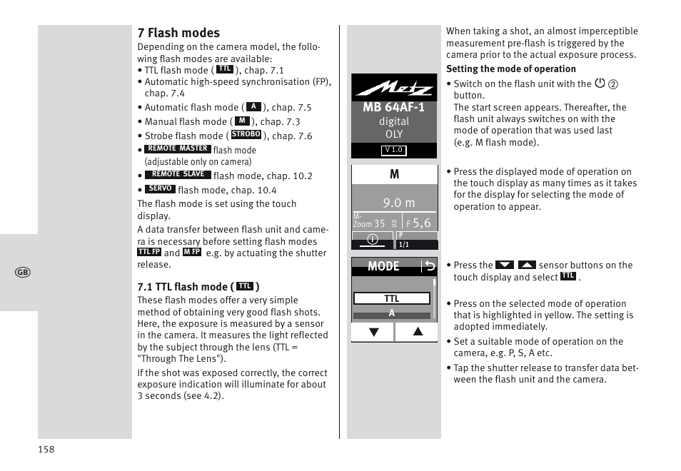 7 flash modes, Mb 64af-1, Mode o | Metz MECABLITZ 64 AF-1 digital Olympus User Manual | Page 158 / 302