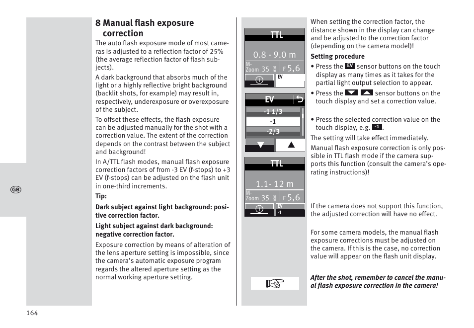 8 manual flash exposure correction, 8 - 9.0 m, Ev o | 12 m | Metz MECABLITZ 64 AF-1 digital Olympus User Manual | Page 164 / 302