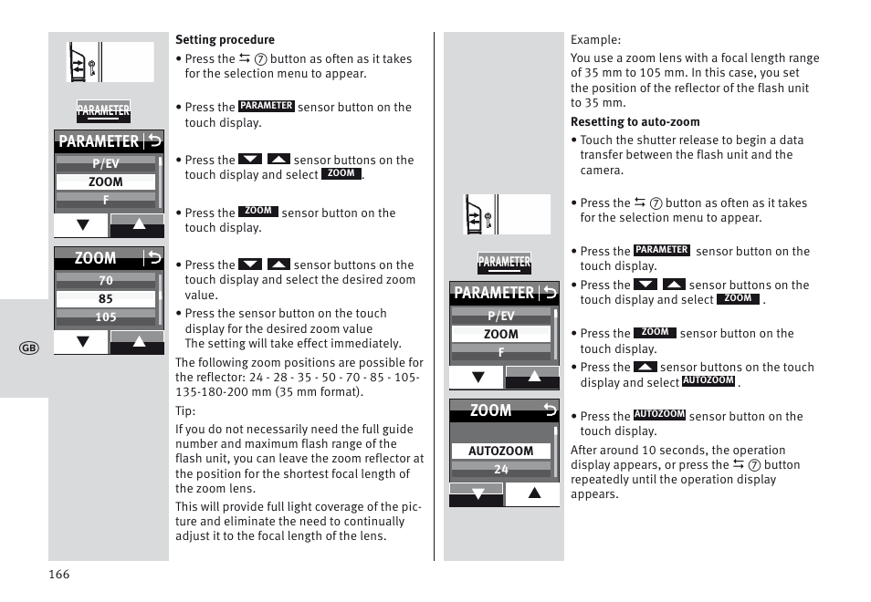 Parameter o, Zoom o, Zoom | Metz MECABLITZ 64 AF-1 digital Olympus User Manual | Page 166 / 302