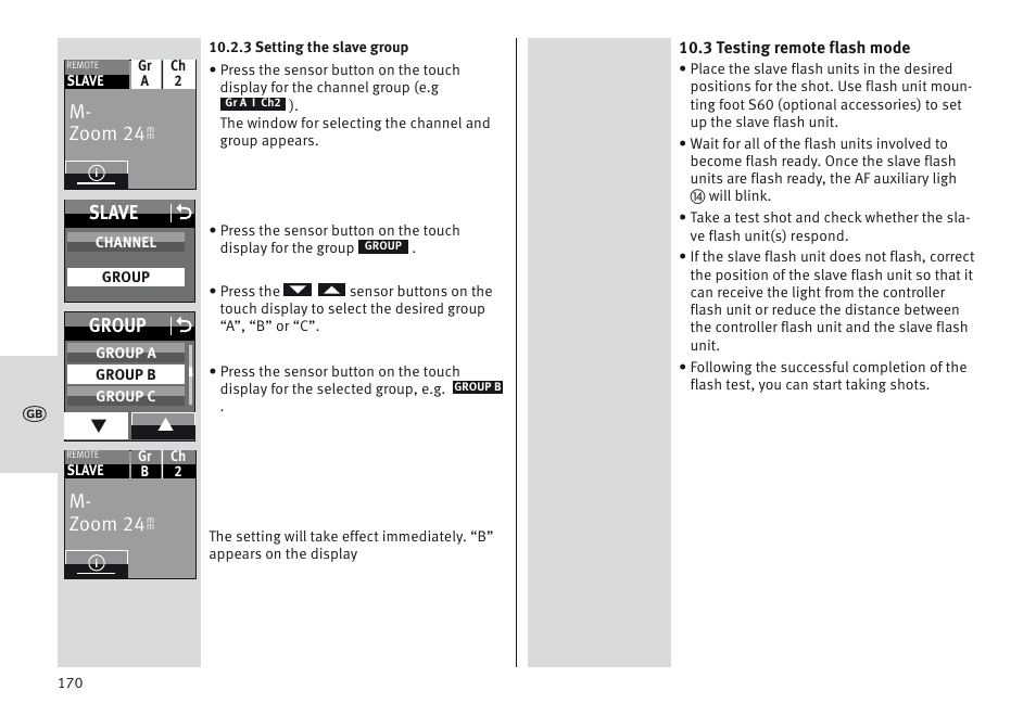 M- zoom 24, Slave o, Group o | Metz MECABLITZ 64 AF-1 digital Olympus User Manual | Page 170 / 302