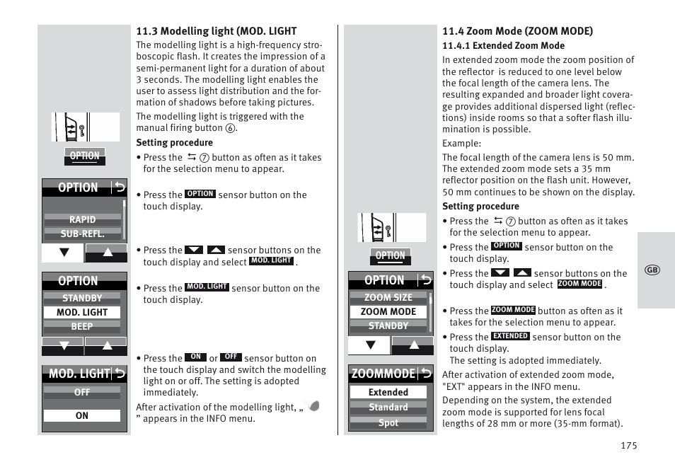 Mod. light o, Option o, Option | Zoommode o | Metz MECABLITZ 64 AF-1 digital Olympus User Manual | Page 175 / 302