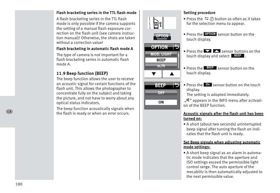 Beep o, Option o | Metz MECABLITZ 64 AF-1 digital Olympus User Manual | Page 180 / 302