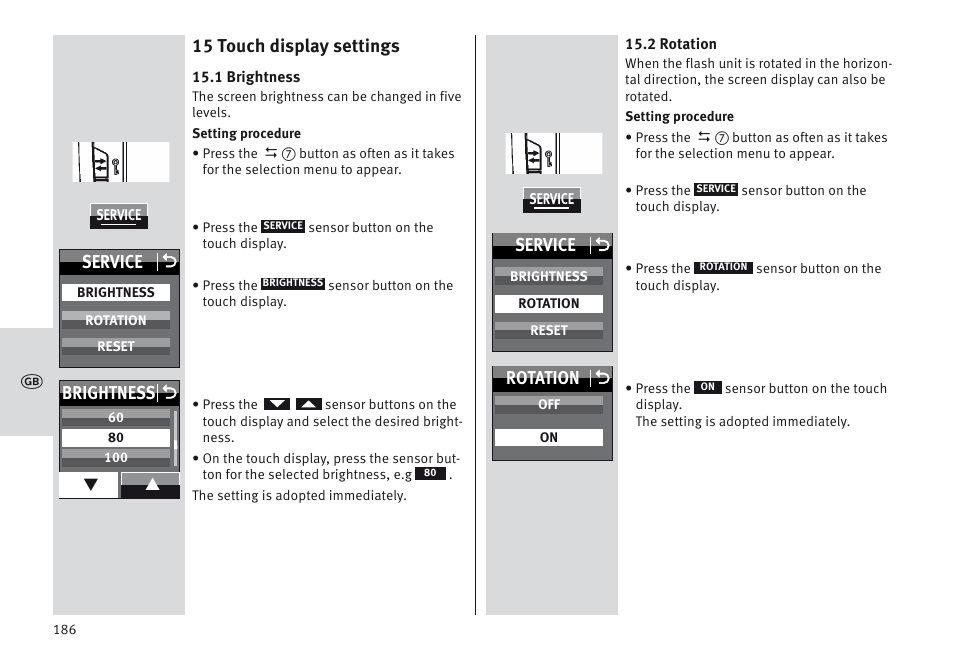15 touch display settings, Service o, Rotation o | Brightness o | Metz MECABLITZ 64 AF-1 digital Olympus User Manual | Page 186 / 302