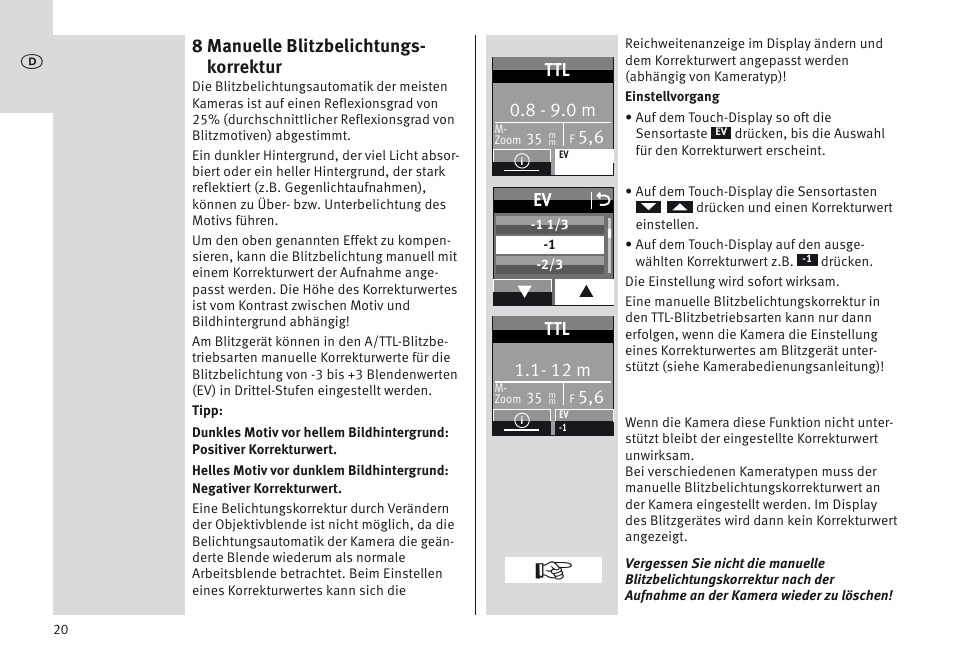 8 manuelle blitzbelichtungs- korrektur, 8 - 9.0 m, Ev o | 12 m | Metz MECABLITZ 64 AF-1 digital Olympus User Manual | Page 20 / 302