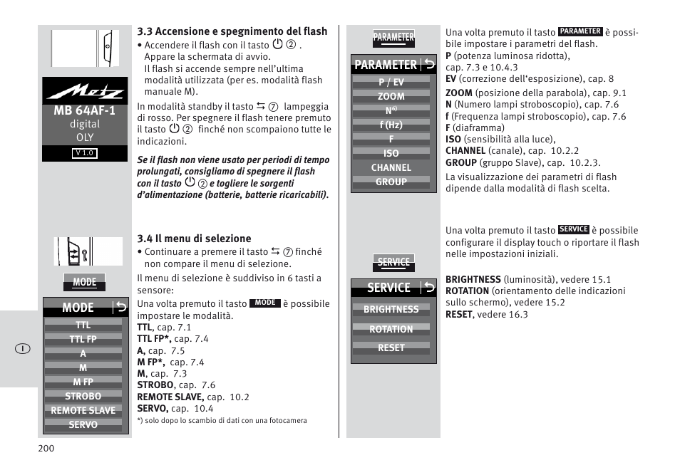 Mb 64af-1, Parameter o, Mode o | Service o | Metz MECABLITZ 64 AF-1 digital Olympus User Manual | Page 200 / 302