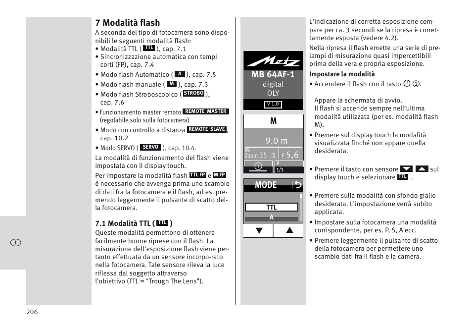 7 modalità flash, Mb 64af-1, Mode o | Metz MECABLITZ 64 AF-1 digital Olympus User Manual | Page 206 / 302