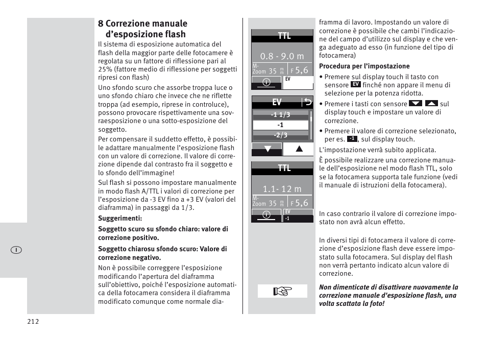 8 correzione manuale d’esposizione flash, 8 - 9.0 m, Ev o | 12 m | Metz MECABLITZ 64 AF-1 digital Olympus User Manual | Page 212 / 302