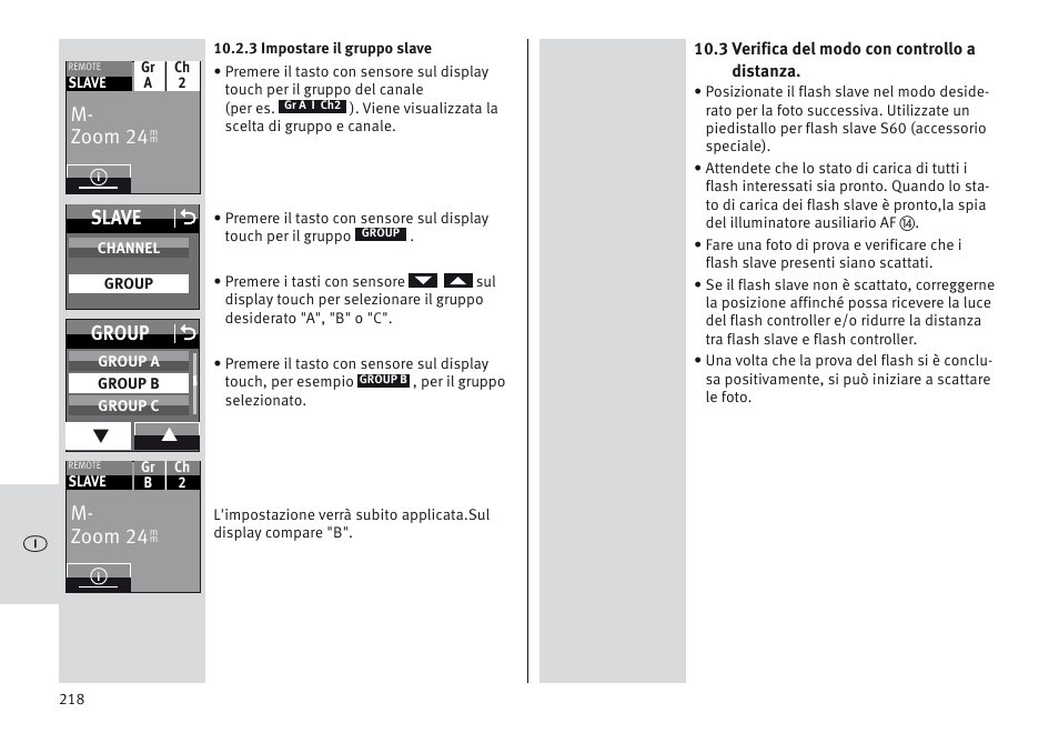 M- zoom 24, Slave o, Group o | Metz MECABLITZ 64 AF-1 digital Olympus User Manual | Page 218 / 302