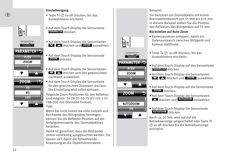 Parameter o, Zoom o, Zoom | Metz MECABLITZ 64 AF-1 digital Olympus User Manual | Page 22 / 302