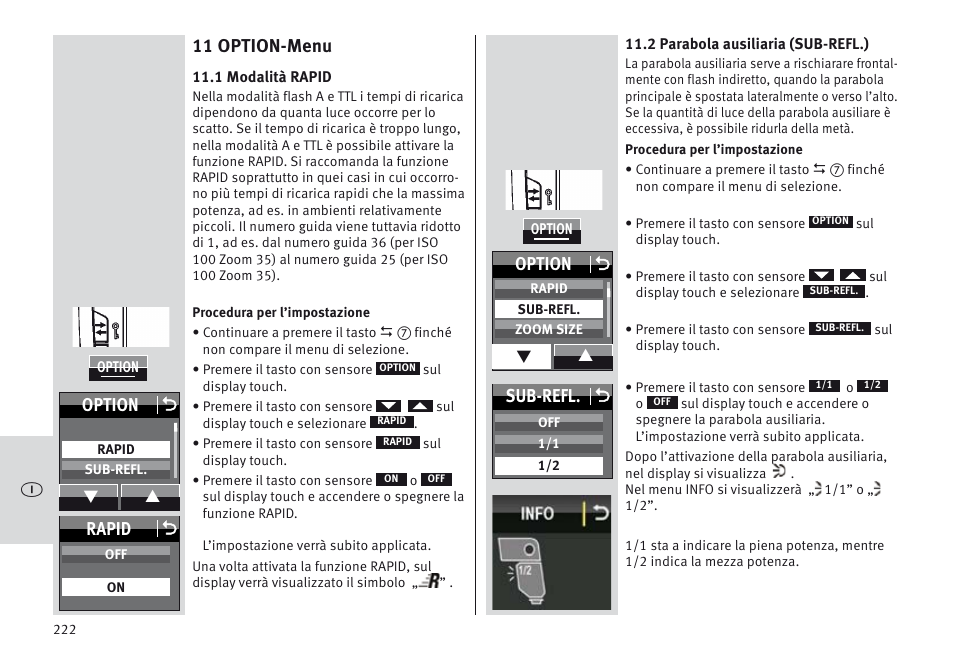 11 option-menu, Option o, Rapid o | Sub-refl. o | Metz MECABLITZ 64 AF-1 digital Olympus User Manual | Page 222 / 302