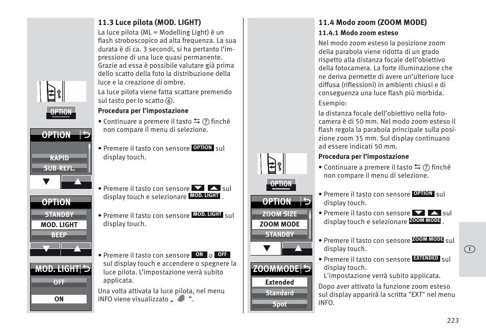 Mod. light o, Option o, Option | Zoommode o | Metz MECABLITZ 64 AF-1 digital Olympus User Manual | Page 223 / 302
