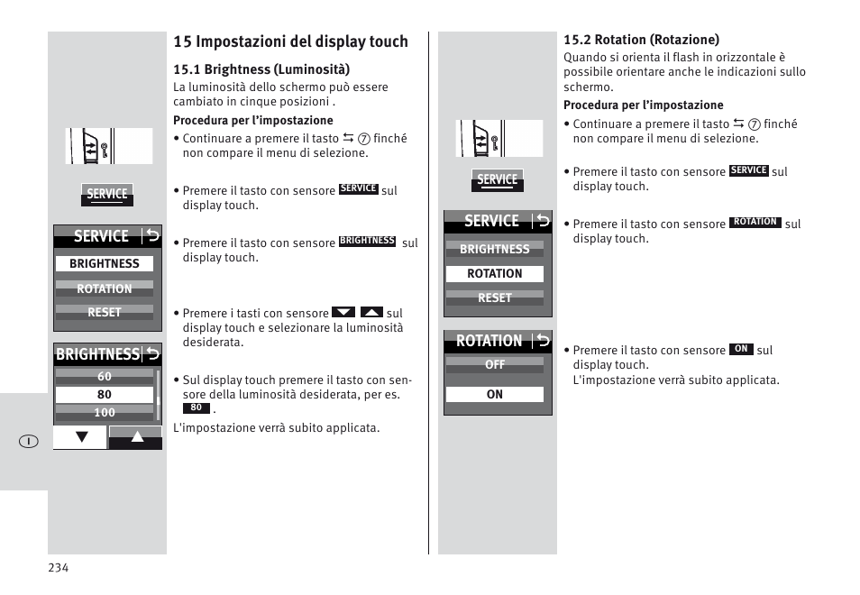 15 impostazioni del display touch, Service o, Rotation o | Brightness o | Metz MECABLITZ 64 AF-1 digital Olympus User Manual | Page 234 / 302