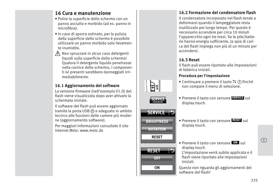 16 cura e manutenzione, Service o, Reset o | Metz MECABLITZ 64 AF-1 digital Olympus User Manual | Page 235 / 302