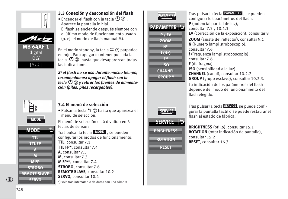 Mb 64af-1, Parameter o, Mode o | Service o | Metz MECABLITZ 64 AF-1 digital Olympus User Manual | Page 248 / 302