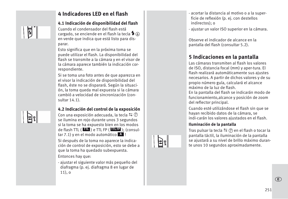 4 indicadores led en el flash, 5 indicaciones en la pantalla | Metz MECABLITZ 64 AF-1 digital Olympus User Manual | Page 251 / 302