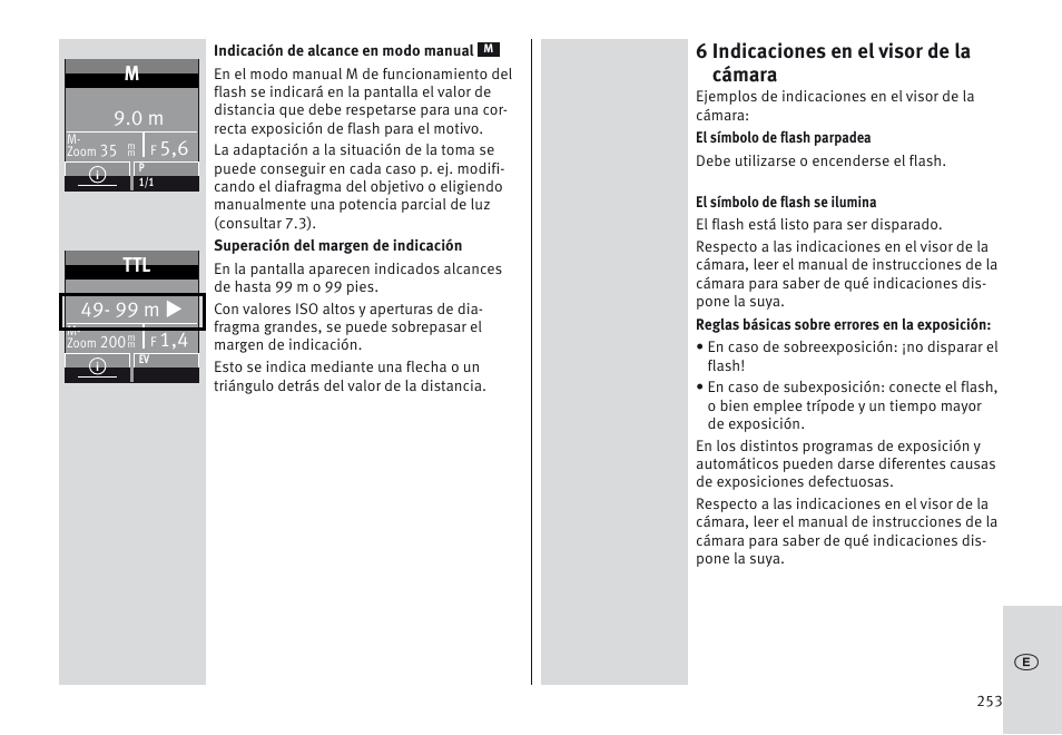 6 indicaciones en el visor de la cámara, 99 m u | Metz MECABLITZ 64 AF-1 digital Olympus User Manual | Page 253 / 302