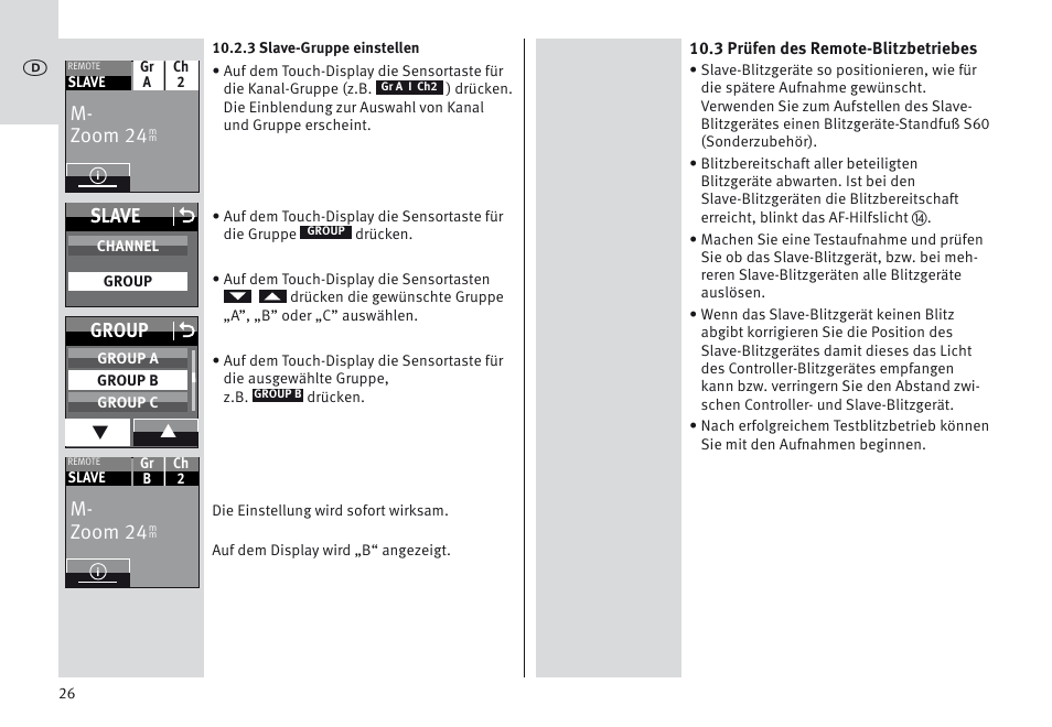 M- zoom 24, Slave o, Group o | Metz MECABLITZ 64 AF-1 digital Olympus User Manual | Page 26 / 302