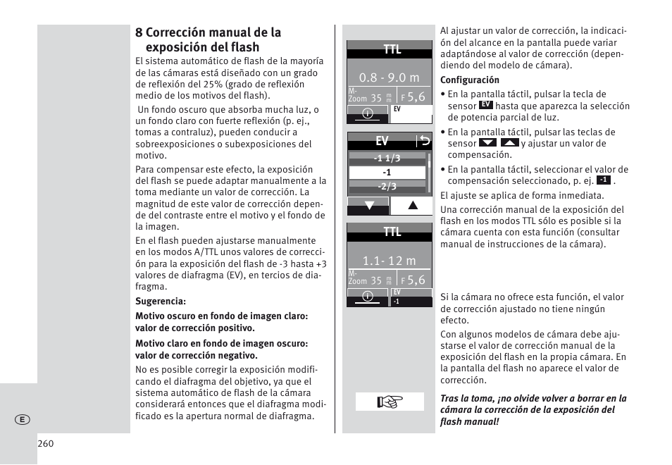 8 corrección manual de la exposición del flash, 8 - 9.0 m, Ev o | 12 m | Metz MECABLITZ 64 AF-1 digital Olympus User Manual | Page 260 / 302