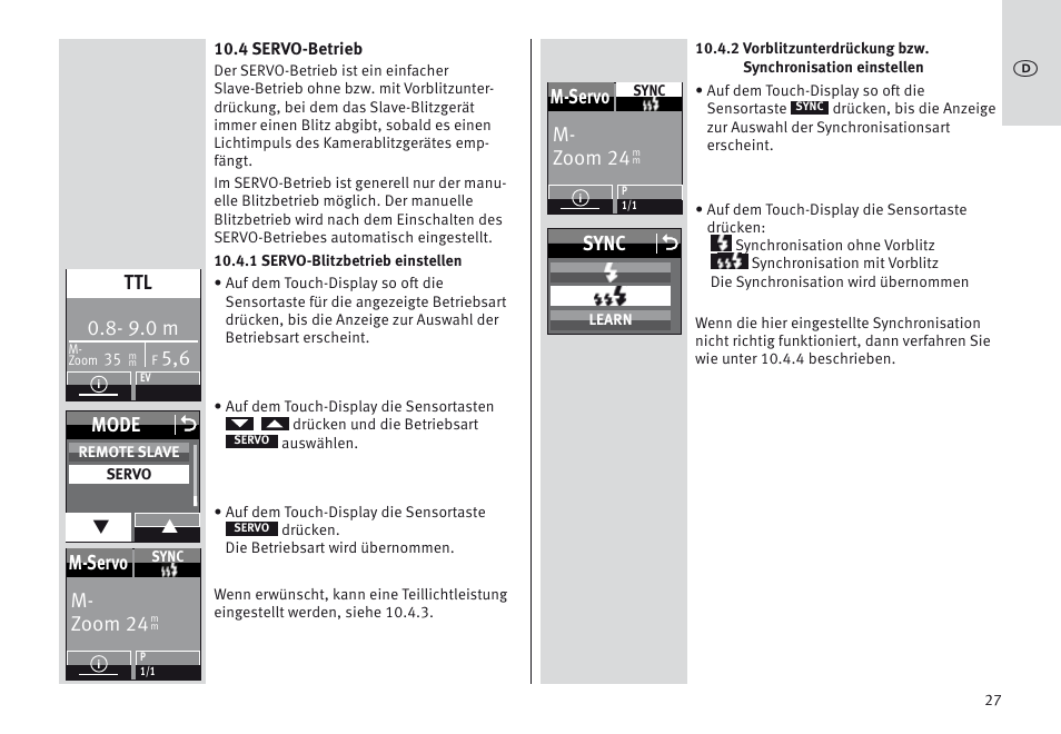 9.0 m, Mode o, M- zoom 24 m-servo | Sync o | Metz MECABLITZ 64 AF-1 digital Olympus User Manual | Page 27 / 302