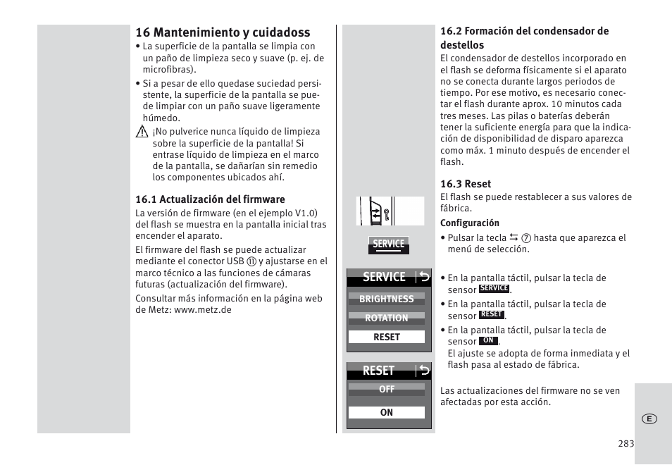 16 mantenimiento y cuidadoss, Service o, Reset o | Metz MECABLITZ 64 AF-1 digital Olympus User Manual | Page 283 / 302