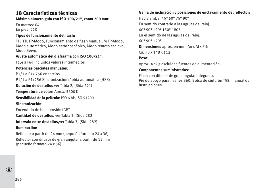 18 características técnicas | Metz MECABLITZ 64 AF-1 digital Olympus User Manual | Page 286 / 302