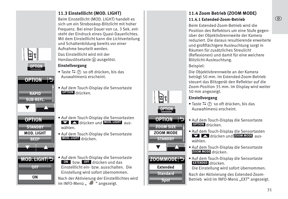 Mod. light o, Option o, Option | Zoommode o | Metz MECABLITZ 64 AF-1 digital Olympus User Manual | Page 31 / 302