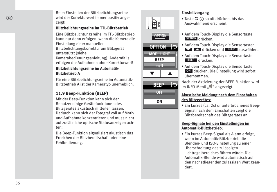 Beep o, Option o | Metz MECABLITZ 64 AF-1 digital Olympus User Manual | Page 36 / 302