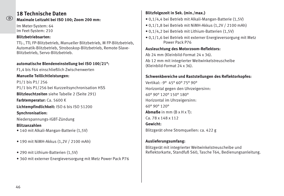 18 technische daten | Metz MECABLITZ 64 AF-1 digital Olympus User Manual | Page 46 / 302