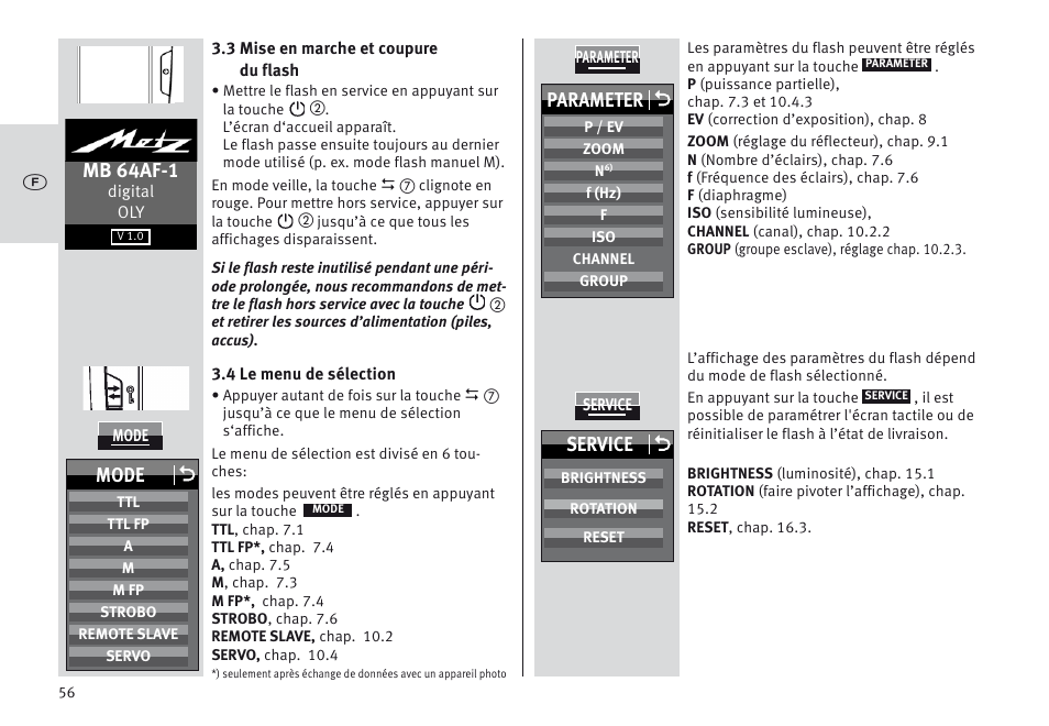 Mb 64af-1, Parameter o, Mode o | Service o | Metz MECABLITZ 64 AF-1 digital Olympus User Manual | Page 56 / 302