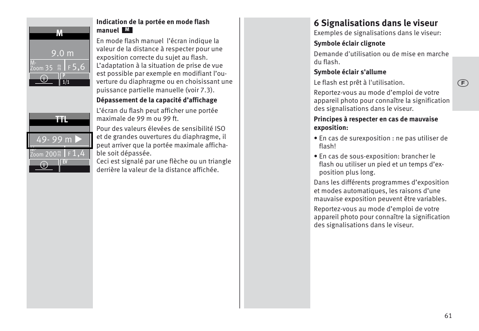 6 signalisations dans le viseur, 99 m u | Metz MECABLITZ 64 AF-1 digital Olympus User Manual | Page 61 / 302