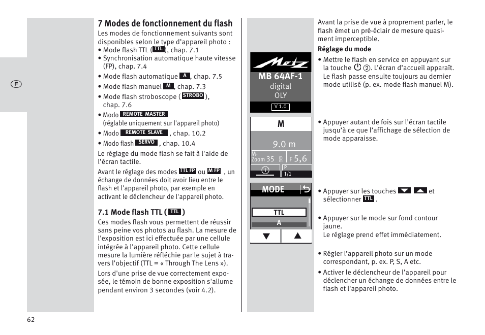 7 modes de fonctionnement du flash, Mb 64af-1, Mode o | Metz MECABLITZ 64 AF-1 digital Olympus User Manual | Page 62 / 302