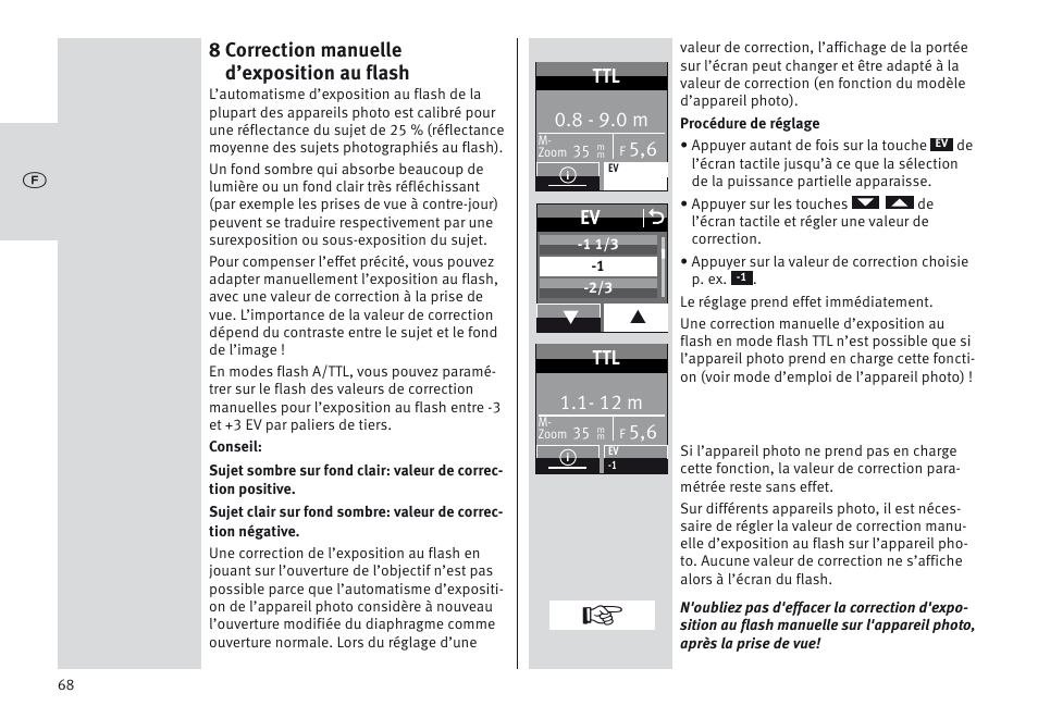 8 correction manuelle d’exposition au flash, 8 - 9.0 m, Ev o | 12 m | Metz MECABLITZ 64 AF-1 digital Olympus User Manual | Page 68 / 302