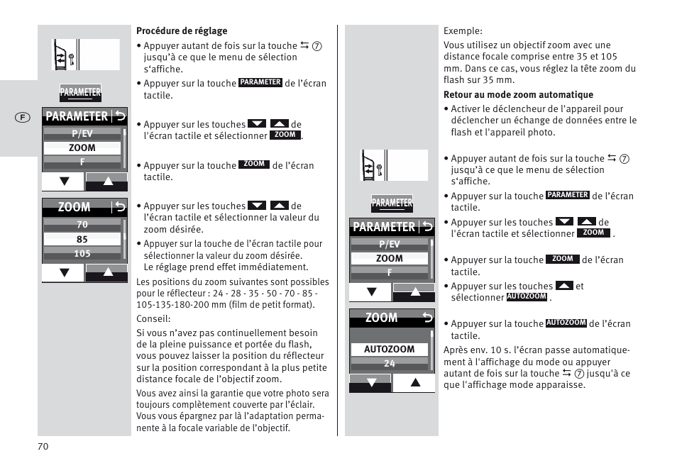 Parameter o, Zoom o, Zoom | Metz MECABLITZ 64 AF-1 digital Olympus User Manual | Page 70 / 302