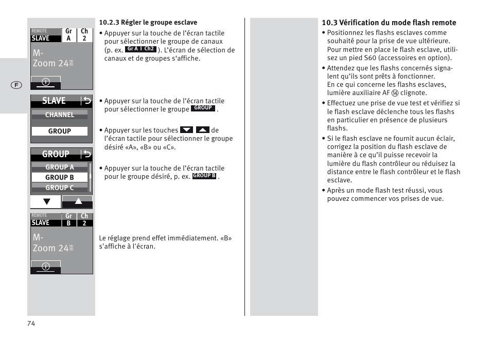 M- zoom 24, Slave o, Group o | Metz MECABLITZ 64 AF-1 digital Olympus User Manual | Page 74 / 302