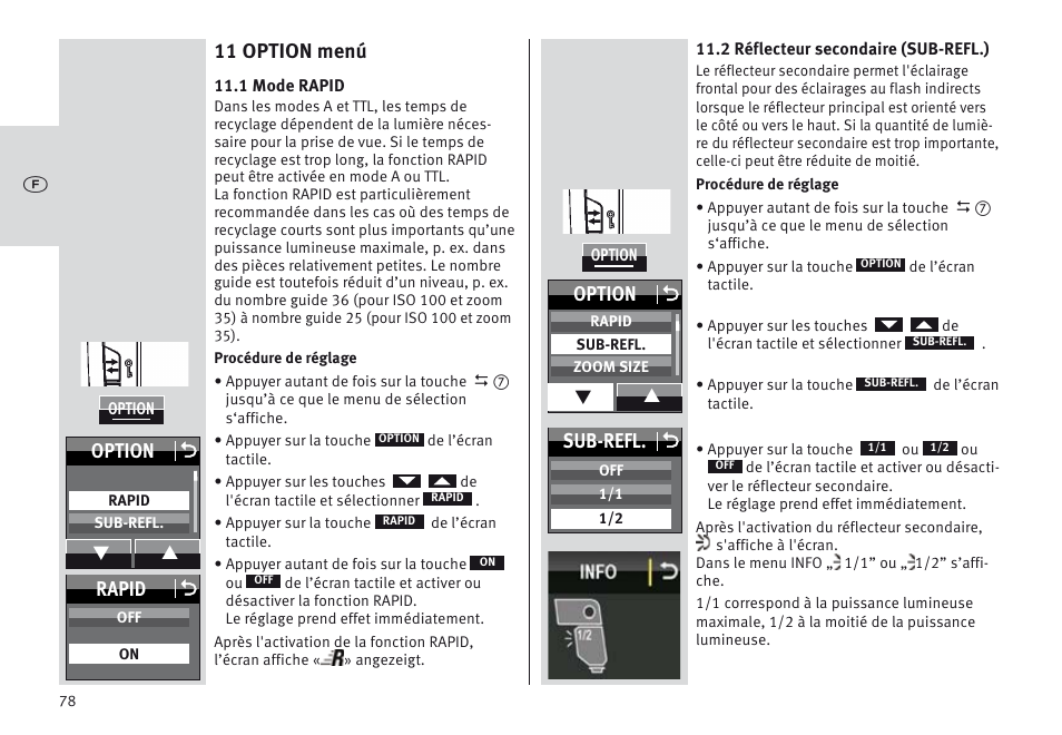 11 option menú, Option o, Rapid o | Sub-refl. o | Metz MECABLITZ 64 AF-1 digital Olympus User Manual | Page 78 / 302