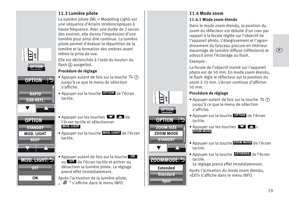 Mod. light o, Option o, Option | Zoommode o | Metz MECABLITZ 64 AF-1 digital Olympus User Manual | Page 79 / 302